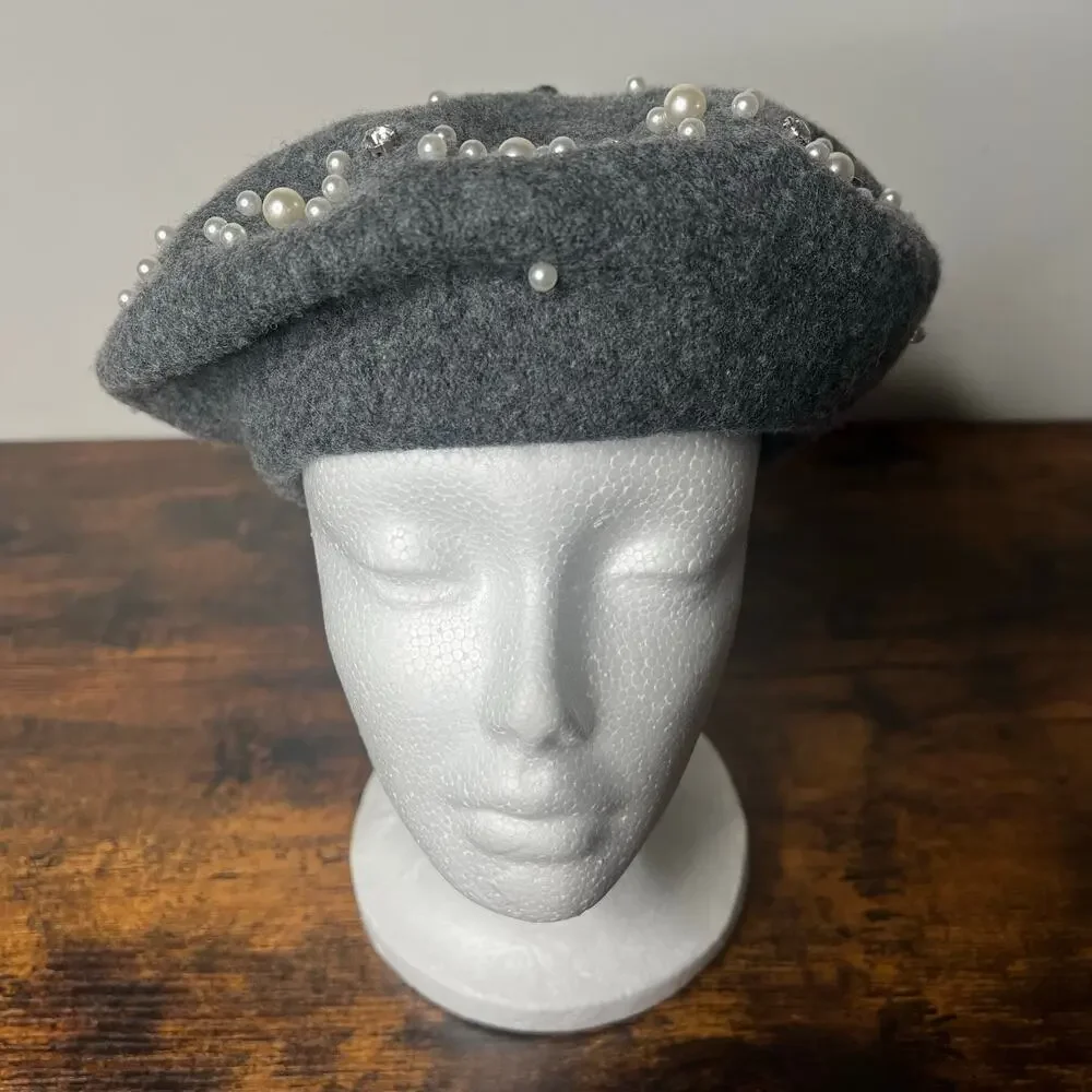 Marcus Adler New York Women's Beret Wool Blend Gray Beaded Pearls & Rhinestones